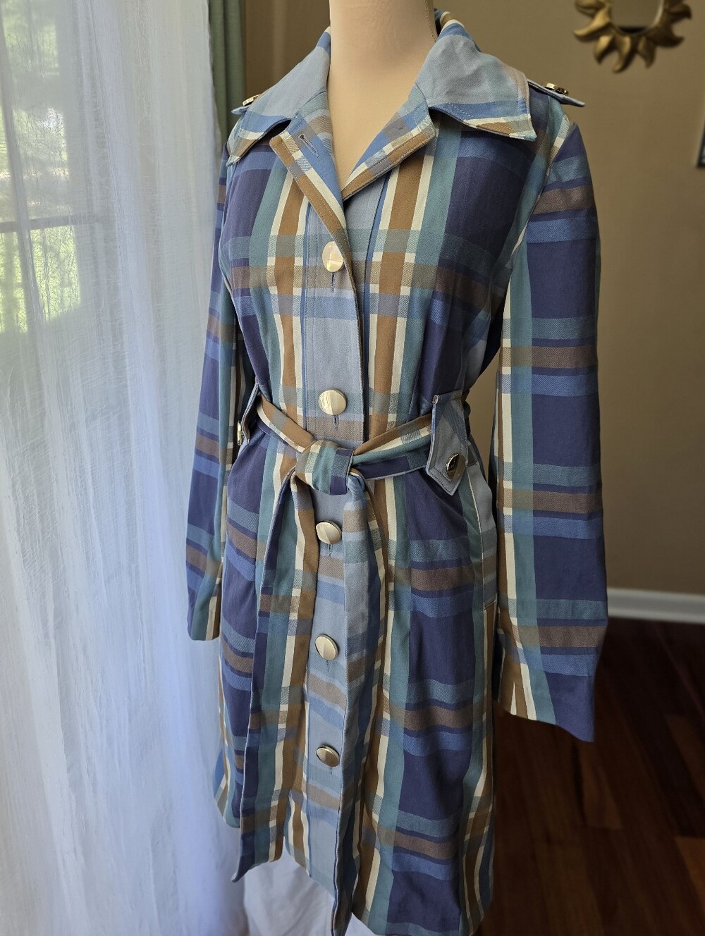 Cabi Plaid Trench Coat Small Blue Teal Belted Gold Button Retro Mod Cotton